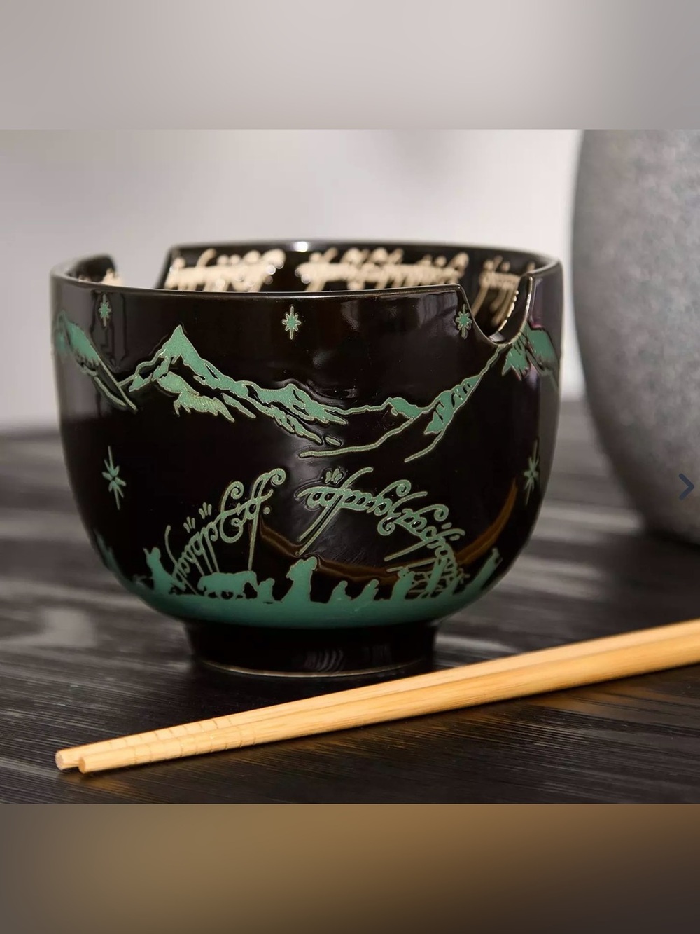 Lord of the Rings Black Ceramic Mountain Scene Noodle Bowl w/ Chop Sticks- New